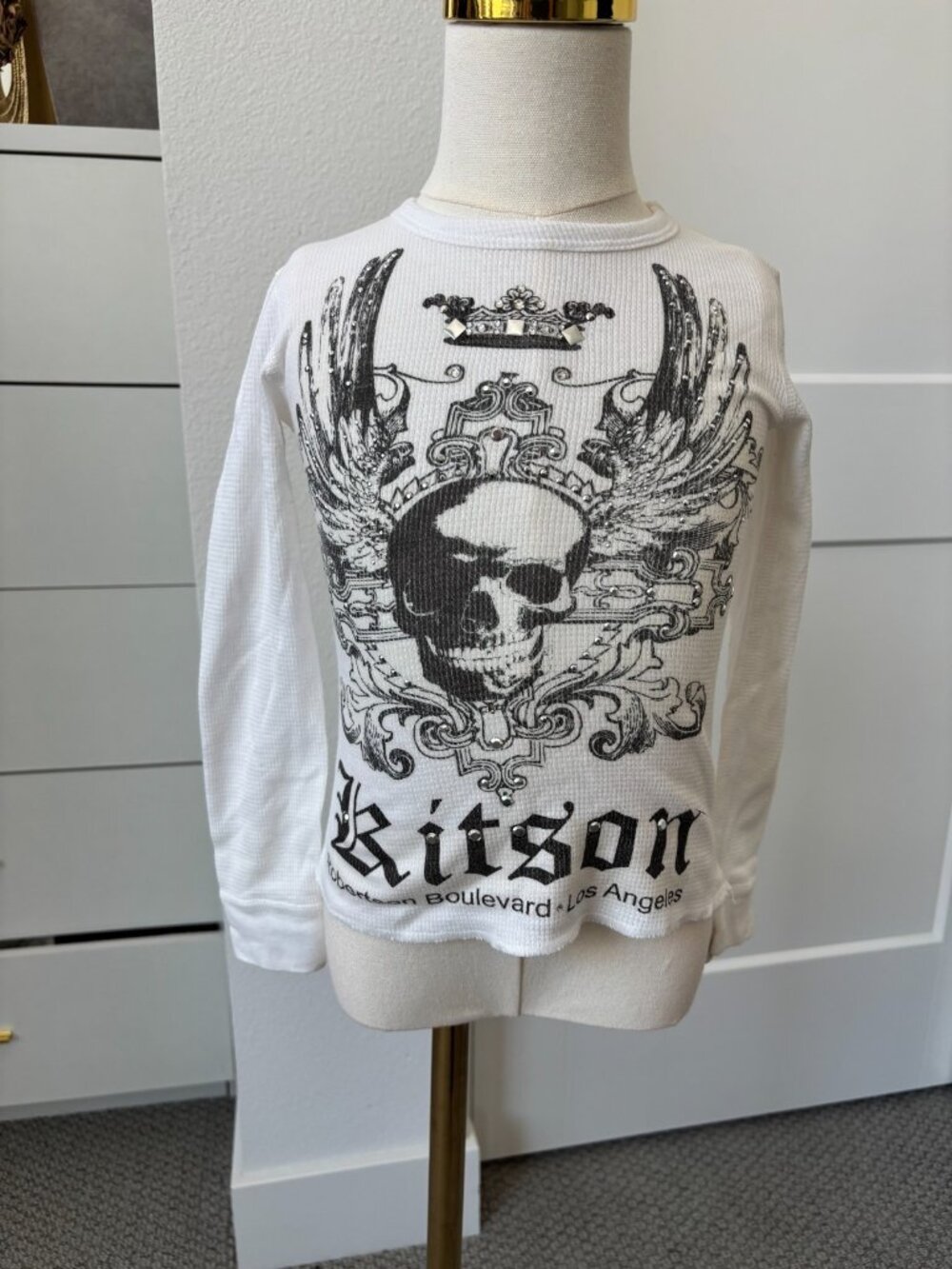 Dream Boy White Long Sleeve Waffle Knit Shirt Kitson Los Angeles Skull Size 2